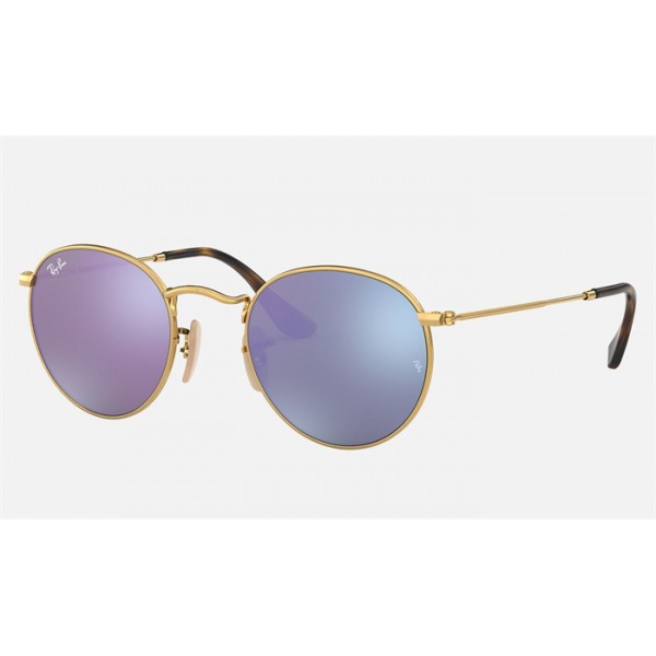 Ray Ban Round Flat Lenses RB3447 Mirror + Gold Frame Lilac Mirror Lens Sunglasses